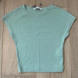 zara sage green cotton and modal crop top